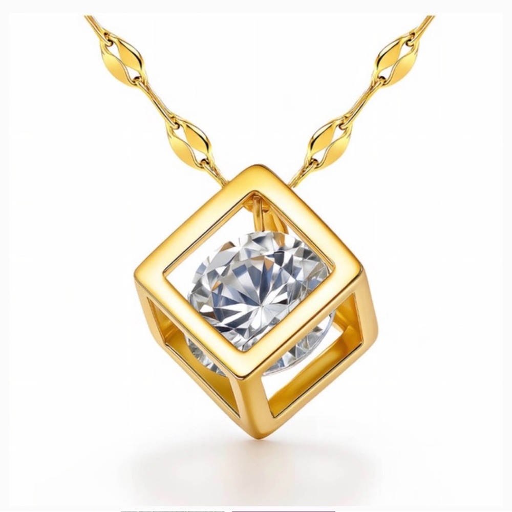 18k Gold Plated Cubic Zirconia Square Floating Diamond Pendant Necklace - Picture 2 of 3